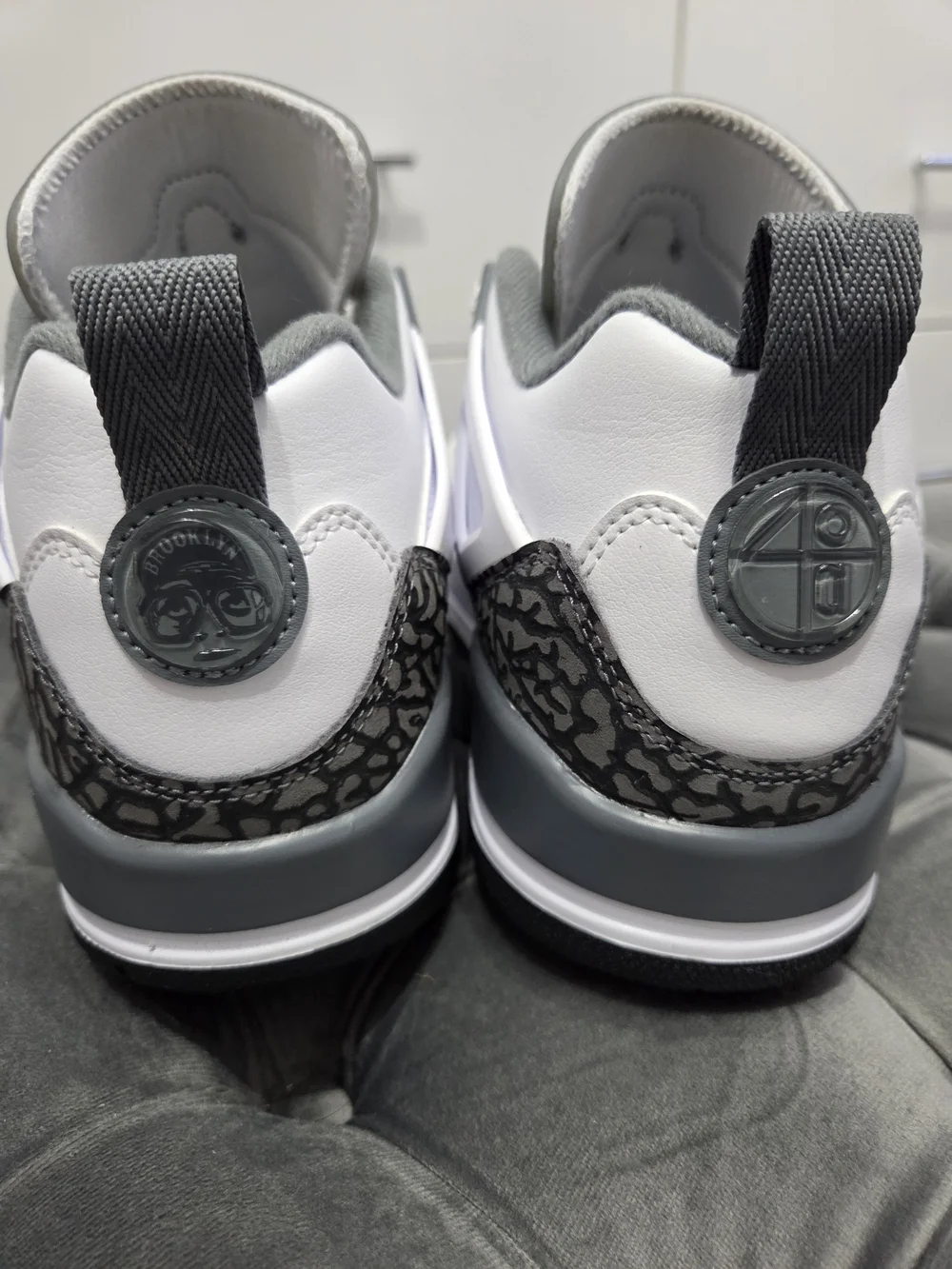 NEVER WORN Jordan Men’s White and Grey Sneakers with Elephant Print